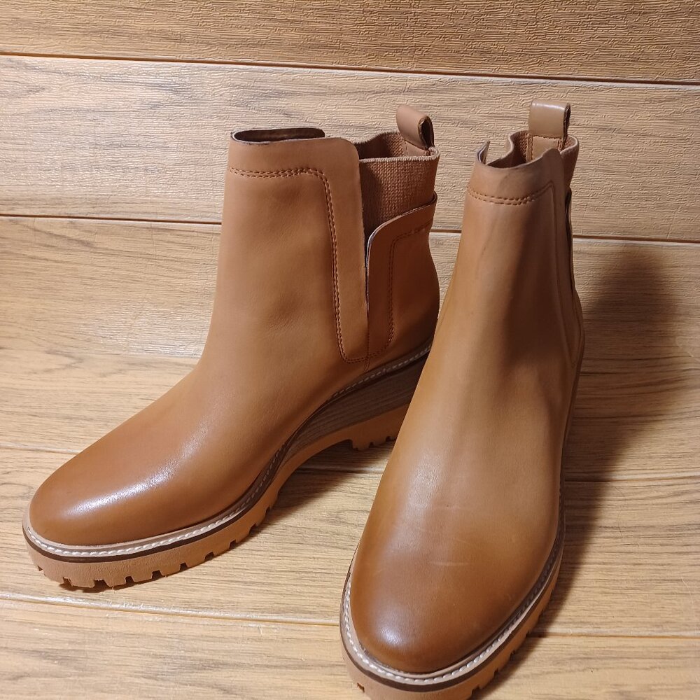 Vince Camuto women yellow tan leather wedge booties, 11